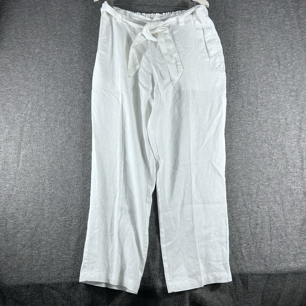 Peck & Peck Women's White 💯 Linen Pants Tie Belt Size L Beach Coastal Tropical